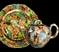 Examples of Whole plate and teapot with clouded and tortoiseshell decoration from a private collection.