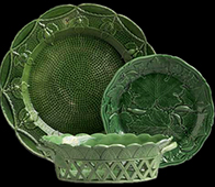 Examples of Whole green glazed plates and basket from a private collection.