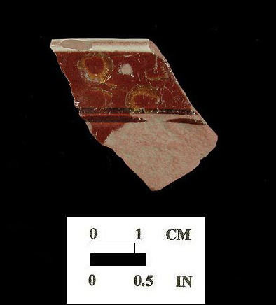 Rim sherds decorated with white slip, engine turning, and gold ename - Angelica Knolls, 18CV60. 