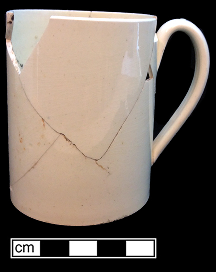 Creamware mug, undecorated. Rim diameter: 2.75”, Base diameter: 2.75”, Vessel height: 3.50”. Lot: 47F 343-19. 18BC50