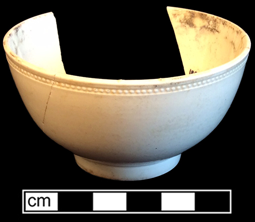 Creamware common shape cupwith beaded rim. 3.25” rim diameter, 1.75” vessel height. Lot 191-22. 18BC66