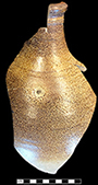English brown salt glaze stoneware globular shaped bottle with iron oxide slip. Cordoned neck. Neck rim diameter: 2.0” from 18CV60.