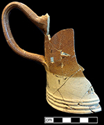 English brown salt glaze stoneware tankard/mug  with iron oxide slip and strap handle. 4.25” vessel base diameter. Vessel height: Approximately 6”. Area I, Vessel 6098