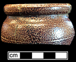English brown salt glaze stoneware straight sided storage jar with iron oxide slip.  Rolled rim. Rim diameter: 3.5” from 18CV60. 
