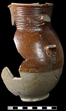 English brown salt glaze stoneware jug with iron oxide slip.  Cordoned neck and strap handle from Oxon Hill site 18PR175, vessel #2336-exterior view on left and interior on right.