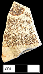 English brown salt glaze stoneware straight sided tankard with stamped “WR” mark. This fragment was found near the midden along a beach and shows damage from water.  Lot 1 - 18CV447 Prehistoric Shell Midden.