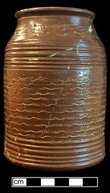 Nottingham stoneware jar with incised decoration. Vessel height: 5.25”, Rim diameter: 3.00”, Base diameter: 3.75”. Lot 1112.551. 18BC38