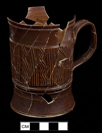 Reconstructed mug with similar incising discovered at Mount Vernon, home of George Washington.  Circa 1745.  