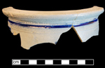 Gray-bodied salt glazed stoneware chamberpot painted in cobalt-blue  under the glaze.  Cordoned rim. 7.00” rim diameter, from 18CV60.