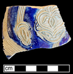 Gray-bodied salt glaze stoneware jug or mug with applied (sprigged) floral motifs with engraved (incised) stems   outlined in cobalt-blue under the glaze. Lot number: 18CV60-1.444