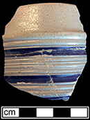 Gray-bodied salt glazed stoneware straight-sided tankard  with cordoned rim.  Painted under the glaze in cobalt-blue.  2.75” rim diameter, from 18CV60.