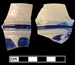Gray-bodied salt glazed stoneware straight-sided tankards with engraved motifs painted under the glaze in cobalt-blue. Cordoned rims. Both vessels: 3.5” rim diameter, from 18CV60.