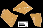 Probable yellow border ware of indeterminate vessel form. Glazed interior (top) and unglazed exterior (bottom) base and body sherds from 18CV83.