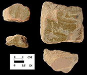 Possible Border Ware of indeterminate hollow vessel with unglazed exterior and yellowish green lead glazed interior on a pink paste from King's Reach Site 18CV83/183B.