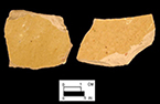 Probable yellow border ware of indeterminate vessel form. Glazed interior (left) and unglazed exterior (right) body sherds from 18CV83.