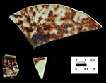 Tortoiseshell cream colored earthenware sherds, Oxon Hill, 18PR175, vessel # 274, Area I Well (ca. 1710 - ca. 1750). 
