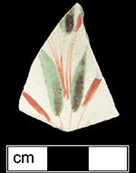 Unidentified hollow vessel sherd with enamelled leaf motif in green and red from 18BC27
