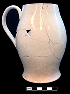 Creamware jug/pitcher, undecorated. Rim diameter: 3.50”, Base diameter: 3.75”, Vessel height: 7.00”. Lot: 47F 345-45. 18BC50.