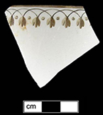 Common shape cup, 3.5” rim diameter, painted in brown enamelled motif collected at site of Neale & Co. and Wilson (active 1778-1816) by George Miller in 1986.
