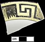 Saucer, overglaze painted in black and yellow in Greek Key or fret motif (Mankowitz p. 39), collected at site of Neale & Co. and Wilson (active 1778-1816) by George Miller in 1986.