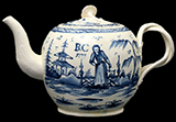 Creamware teapot, painted with blue underglaze Chinoiserie motif. Dated 1777, from Private Collection.