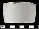 Undecorated, oval dish with straight sides, 1.5” tall. Possibly a dish for potted meat. Collected by George Miller at site of Ridgway and Abington in Hanley in 1986.