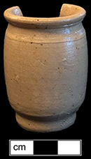 English brown salt glaze stoneware ointment jar. Rim diameter: 1.50”; Base diameter:  1.12”; Vessel height:  2.25” - from 18BC33.