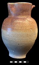 English brown salt glaze stoneware jug with iron oxide slip. Cordoned neck and strap handle. Lot:  16, Provenience: 1HB.636.19, Privy Stratum 4. - 18BC38