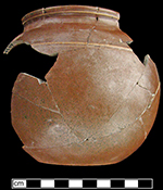 Probable pipkin or saucepan. The recovered  portions of this  vessel do not include the hallmark pinched pouring lip or the angled handle, but the flat bottom and globular shape suggest its original function as a pipkin.