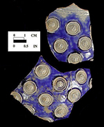Gray-bodied salt glaze stoneware jug or mug  with applied (sprigged) roundel prunt motifs outlined in cobalt-blue painted under the glaze. Lot numbers: 18KE292-10, 56, 191.