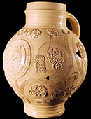 The mended Rhenish Hohrware jug found at Westwood Manor (18CH621).