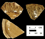 North Midlands sherds with marbled decoration, Patuxent Point - 18CV271, squares 1423, 1915, and 1016, 17th century.
