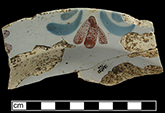Plate painted with swag design in red and blue (left) -  This vessel is very similar to a number of vessels illustrated in Archer (1997: Plates 59-64) that are dated to the third quarter of the 18th century and manufactured at Lambeth. (example on right).