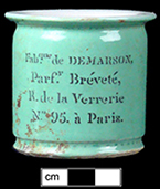 Nineteenth-century French  ointment pot with stenciled label, with white tin glazed interior.