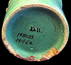 Nineteenth-century French ointment pot with white tin glazed interior and green tin glazed exterior.  Stencilled initials D. R. on base. Rim diameter: 2.5”; Base diameter: 2.25”; Vessel height: 2.5” - from 18BC33.