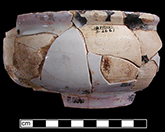 Pinkish coloration to glaze on this porringer caused by calcareous clays containing trace elements of chrome, which come out pink when combined with tin in the glaze.  This color has no dating implications.