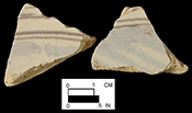 Polychrome painted rim sherd (left) and body sherds, (center) Patuxent Point, 18CV271, square 1616, Melon Field, 18CV169/229 (right).