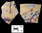 Polychrome decorated body sherds. Bowl (second from right) decorated in blue, red, yellow and green in Chinoiserie floral motif. See similar complete bowl on far right from a private collection.