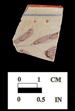 Polychrome decorated body sherd - Dated examples of rim lines range from the 1730s to the 1790s, with hightest occurrance in the 1730s and 1740s.