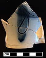 Debased scratch blue white salt glaze stoneware jug.  Manufactured c. 1770-1800. Estimated height: 4.5 to 5.0”; Rim diameter: 1.75”; Base diameter 2.0” - from 18BC33.