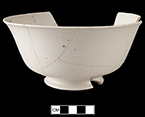 White salt glaze stoneware slop or waster bowl. Rim diameter:  5.90”; Base diameter: 2.56”; Vessel height:  2.70”; Object ID: 2556. Learn more about this object at: http://mountvernonmidden.org/default.html.