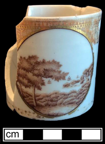 Chinese hard paste porcelain mug  overglaze painted in brownish red and gold gilt. Rim diameter:  2.5”; Base diameter:  2.5”; Vessel height:  2.5” - from 18BC33.