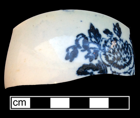 English soft paste porcelain common shape cup, printed underglaze floral motif. 18CV7