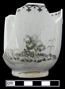 Chinese porcelain handled cup overglaze painted in fashion called en grissaille  Madsen and White (2011:114) date this black-only painted style to c. 1728-1805 for the American market. Also called encre de chine. 2.5” rim diameter., 2.25” vessel height.