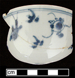 Chinese porcelain common shape cup painted underglaze in blue with fish motif.  Brown dressed rim; 3.5” rim diameter. Lots 2335 and 2336. 