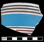 White bodied earthenware common shape bowl banded in blue and brown. This waster was discarded prior to being glazed - Stoke-on-Trent collected by George L. Miller in 1986 during construction work in Stoke-on-Trent. Cannot be attributed to a specific pottery.