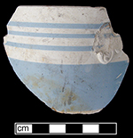 White bodied earthenware mug banded in blue. This waster was discarded prior to being glazed - Stoke-on-Trent collected by George L. Miller in 1986 during construction work in Stoke-on-Trent. Cannot be attributed to a specific pottery.