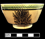 London-shape pearlware bowl with mocha decoration against grey slip. Green-glazed herringbone rouletted rim, 4.75” rim, 2.5” vessel height - from 18BC79