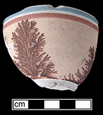White bodied earthenware common shaped cup with mocha decoration, this waster was discarded prior to being glazed. Collected by George L. Miller in 1986 during construction work in Cobridge. Believed to be attributed to Clews.