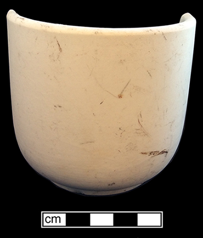 Cup. Unglazed bisque waster. Rim diameter: 4.0”; Vessel height: 3.5”; 8.4 mm thick.